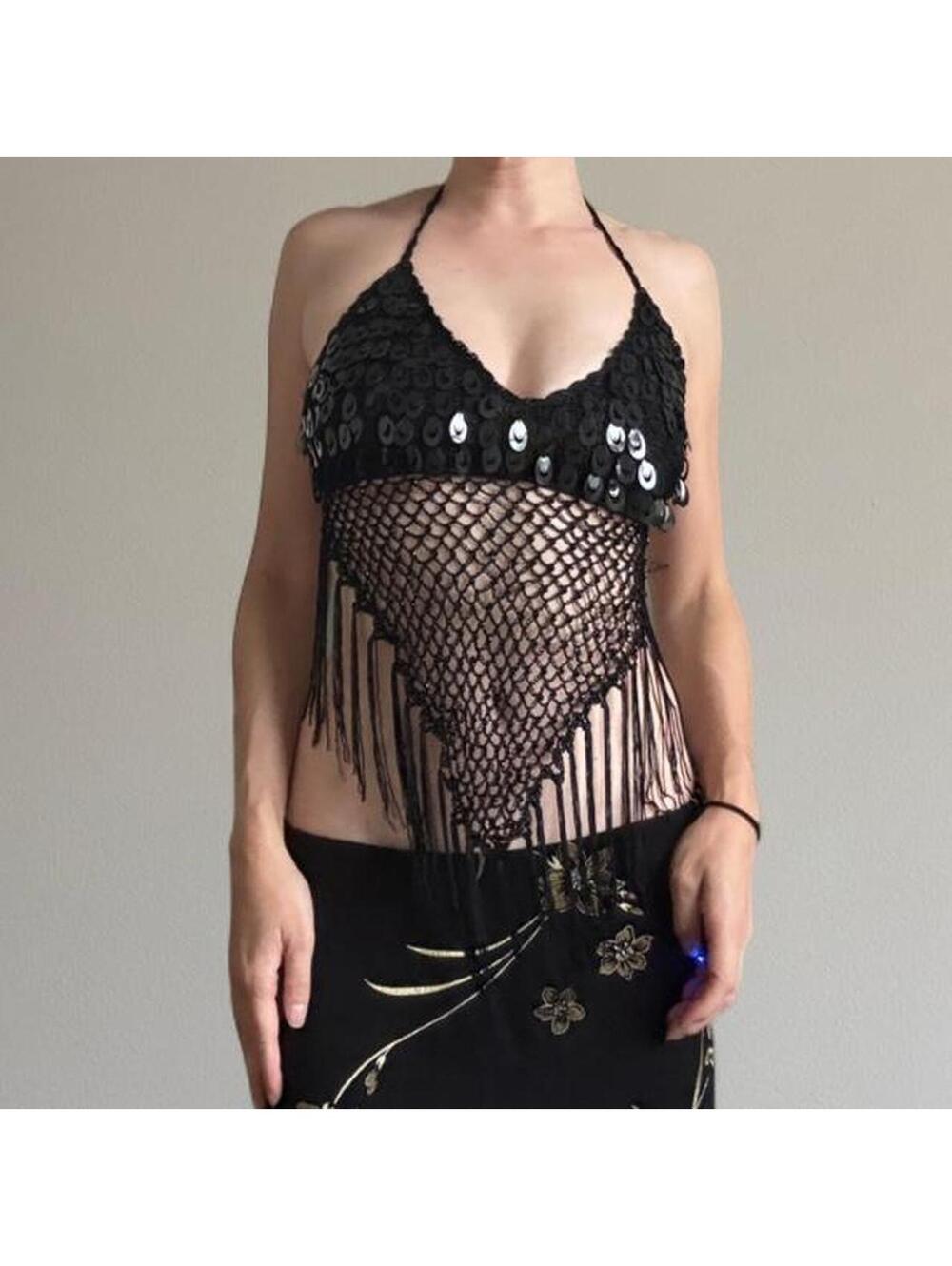 Crochet sequin fringe halter top.